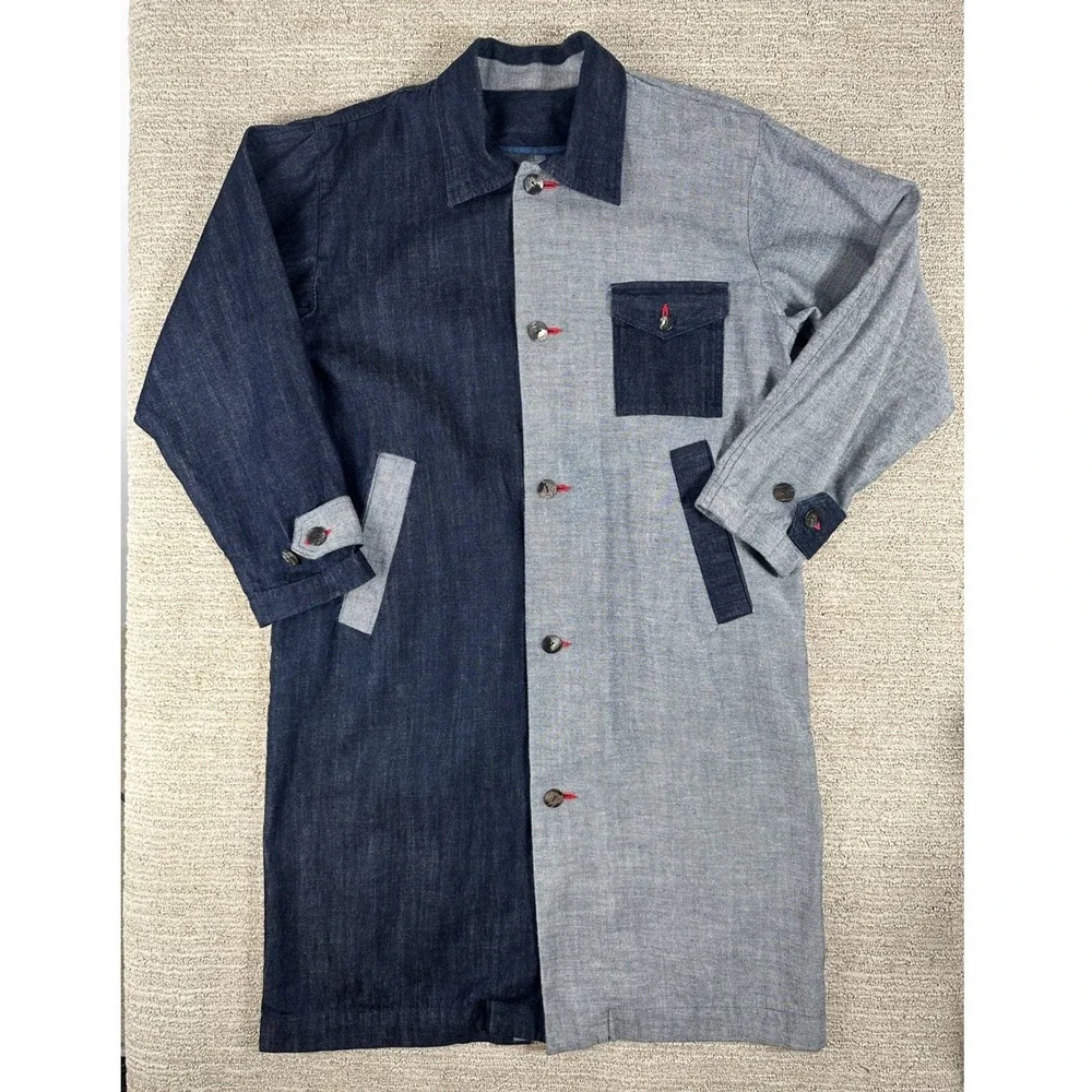 Two Tone Denim Long Coat Blue Grey Colorblock Button Up Duster Jacket